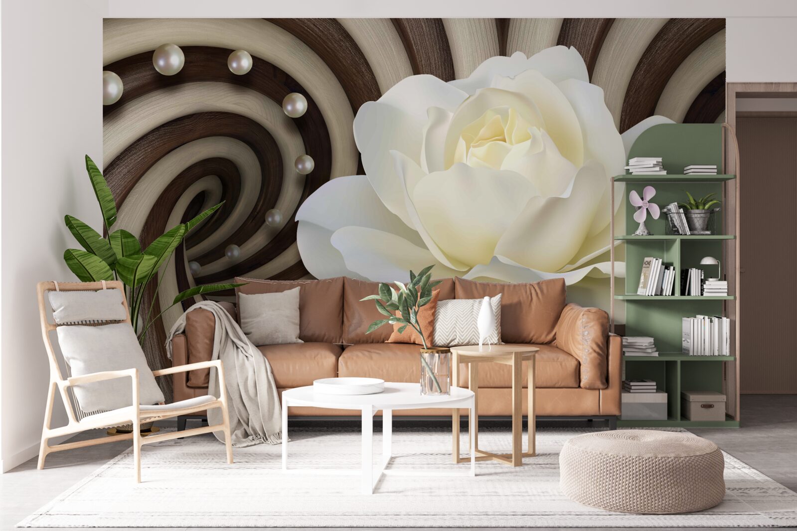 Papier peint la rose est blanche avec des décorations et des boucles en perles