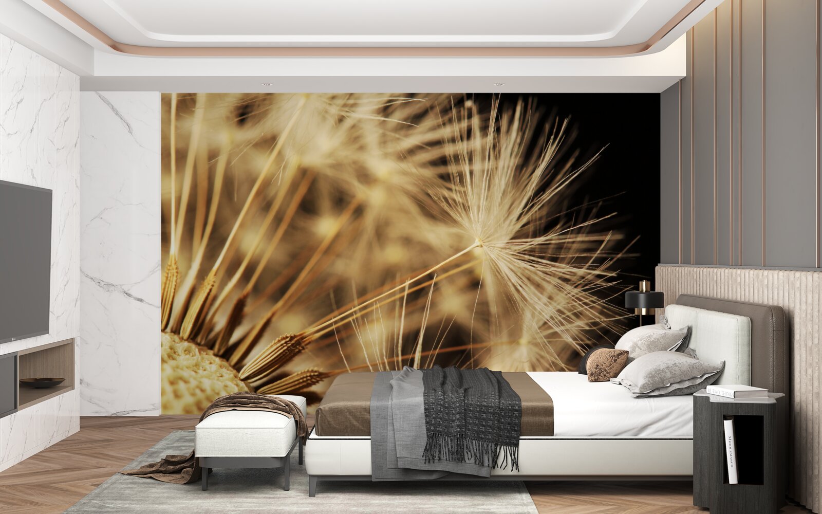 Papier peint les fleurs de pissenlit sont blanches sur fond noir