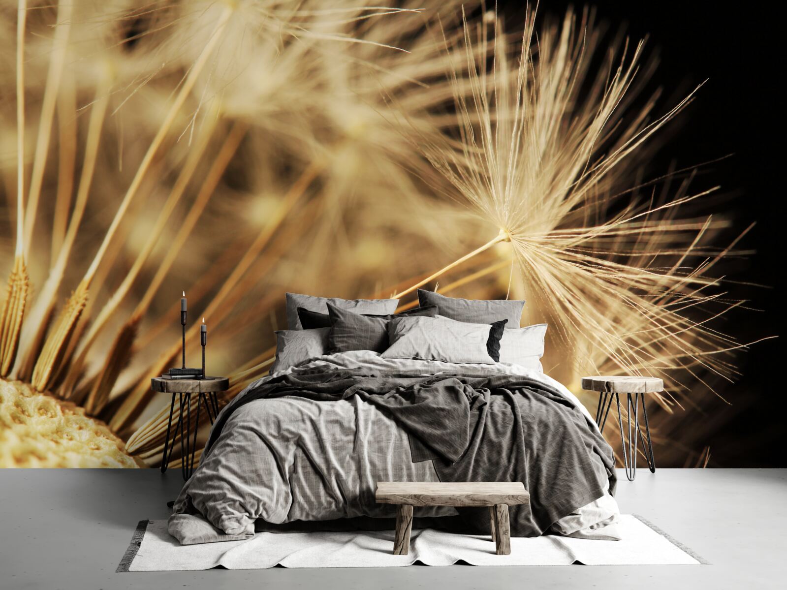 Papier peint les fleurs de pissenlit sont blanches sur fond noir