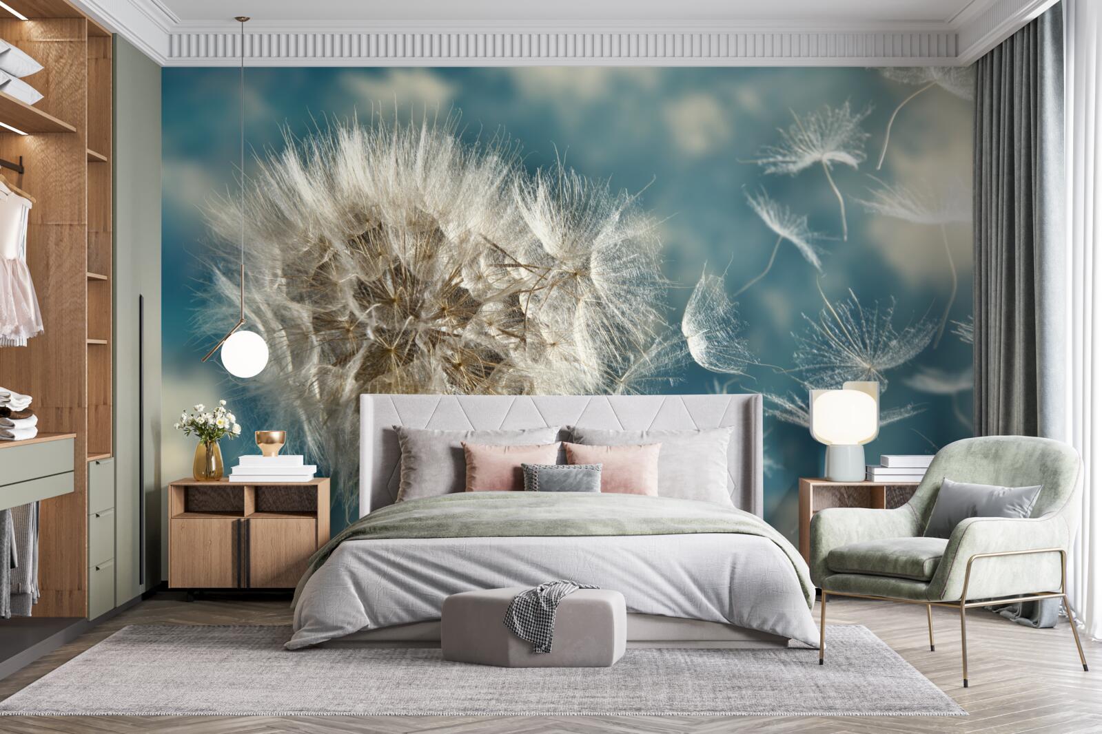 Papier peint vol de graines de pissenlit flottant dans l'air