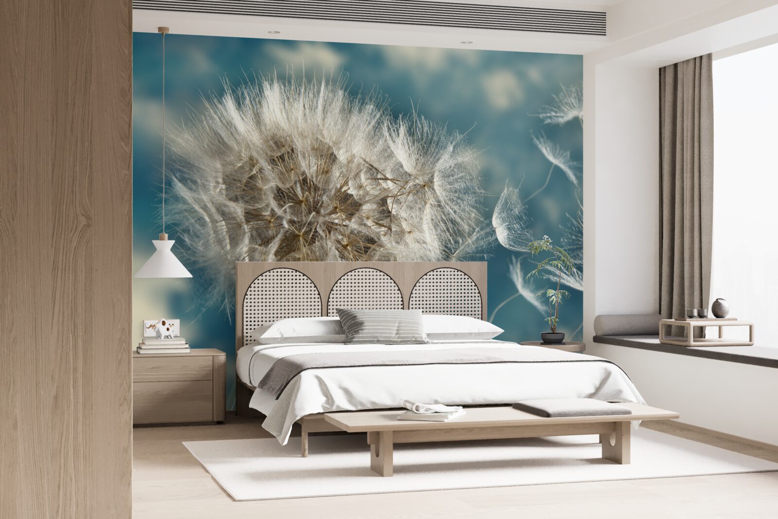 Papier peint vol de graines de pissenlit flottant dans l'air