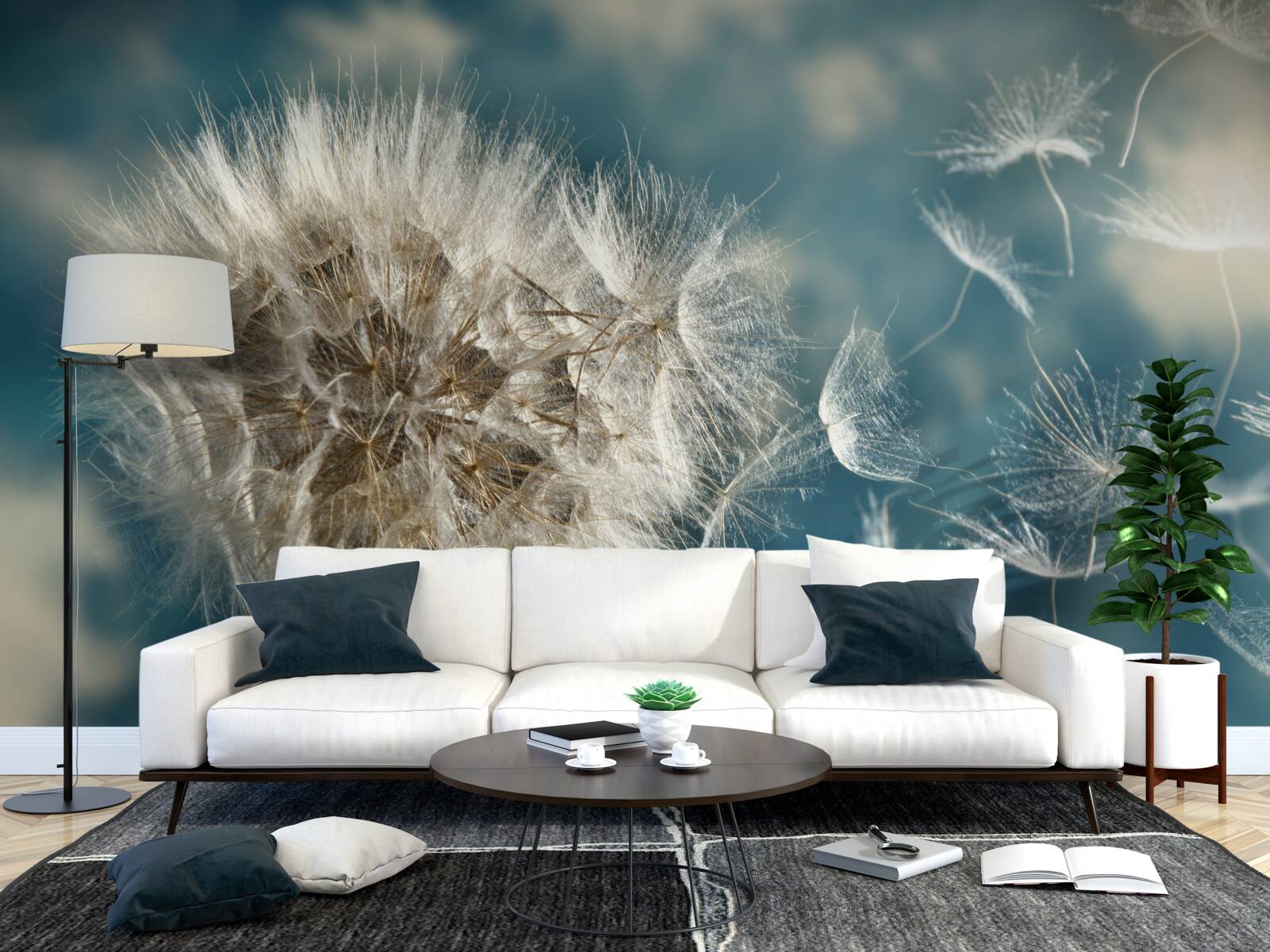 Papier peint vol de graines de pissenlit flottant dans l'air