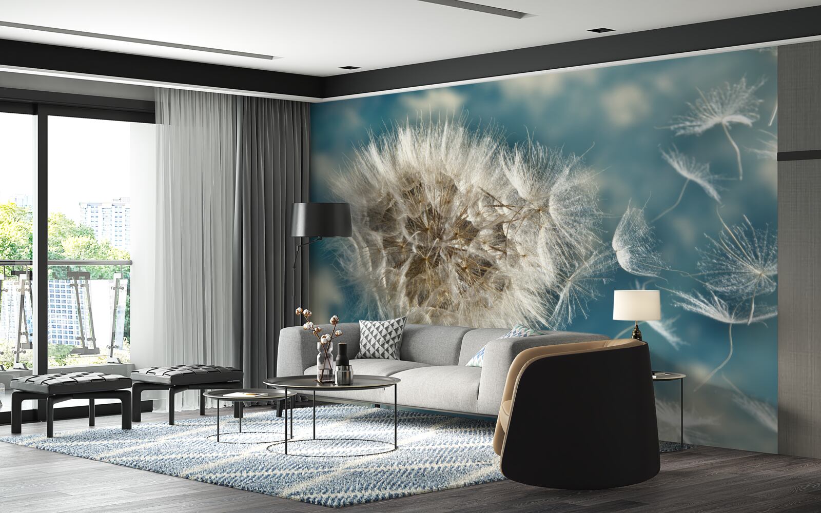 Papier peint vol de graines de pissenlit flottant dans l'air