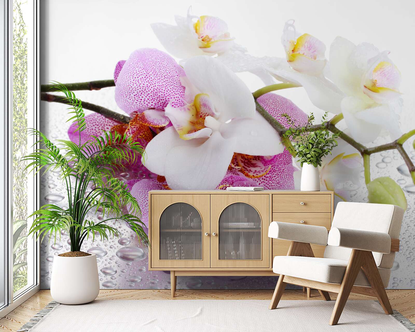 Papier peint gouttes de rosée sur les branches des orchidées blanches et lilas