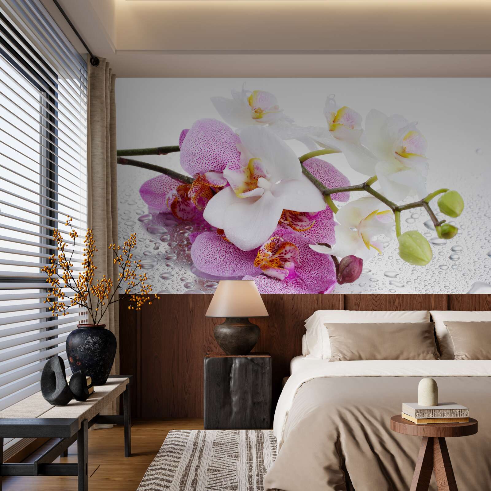 Papier peint gouttes de rosée sur les branches des orchidées blanches et lilas