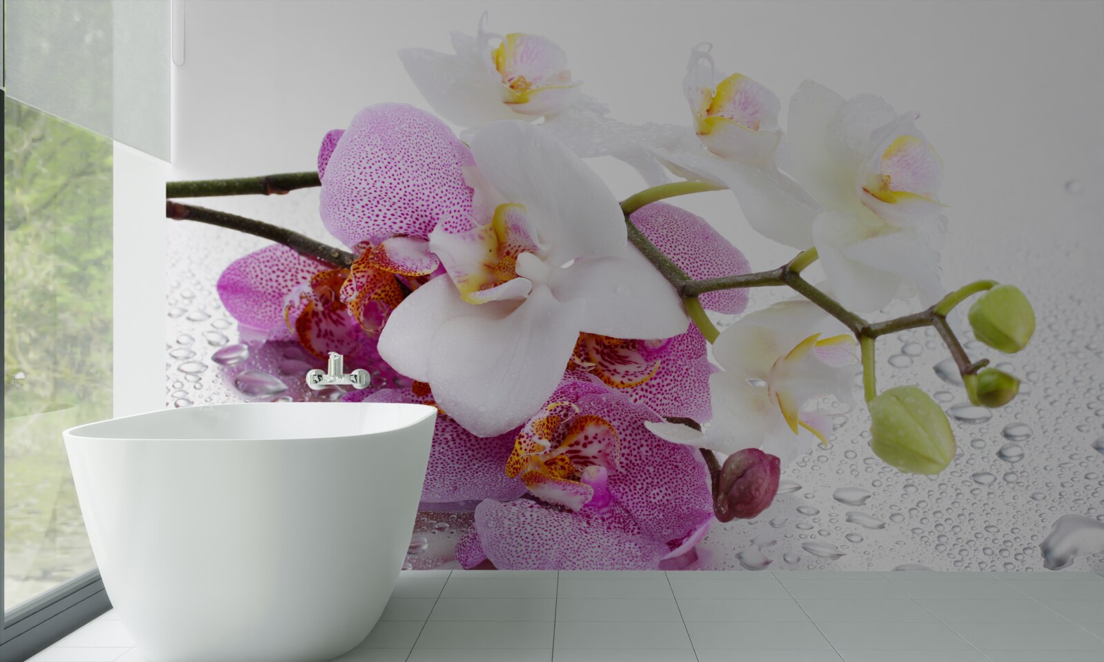 Papier peint gouttes de rosée sur les branches des orchidées blanches et lilas