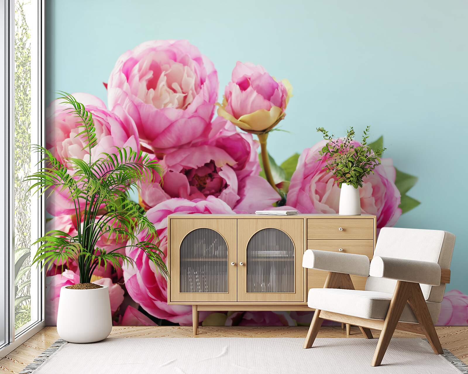 Papier peint fleur rose en forme de pivoine sur fond bleu