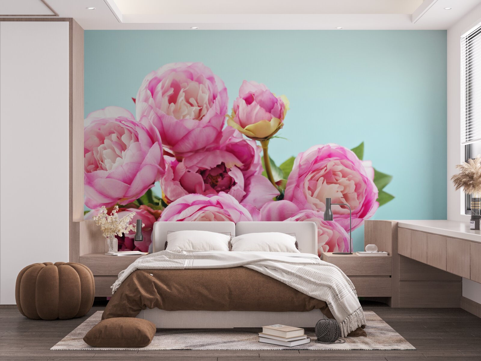 Papier peint fleur rose en forme de pivoine sur fond bleu