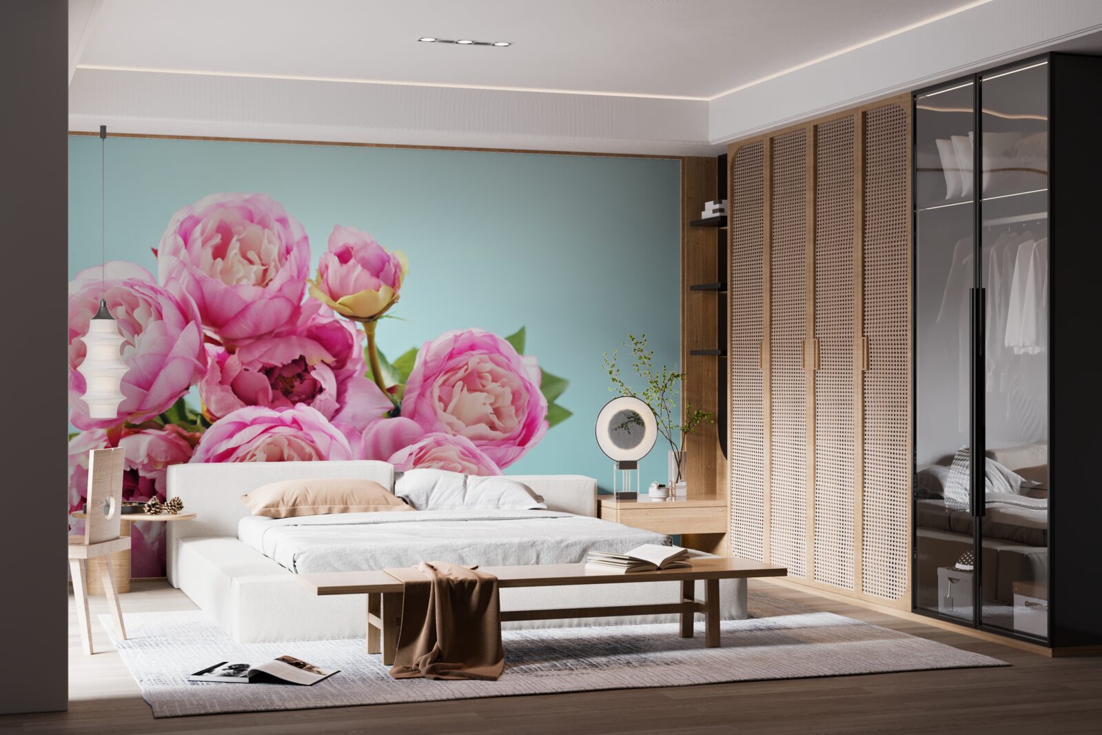 Papier peint fleur rose en forme de pivoine sur fond bleu