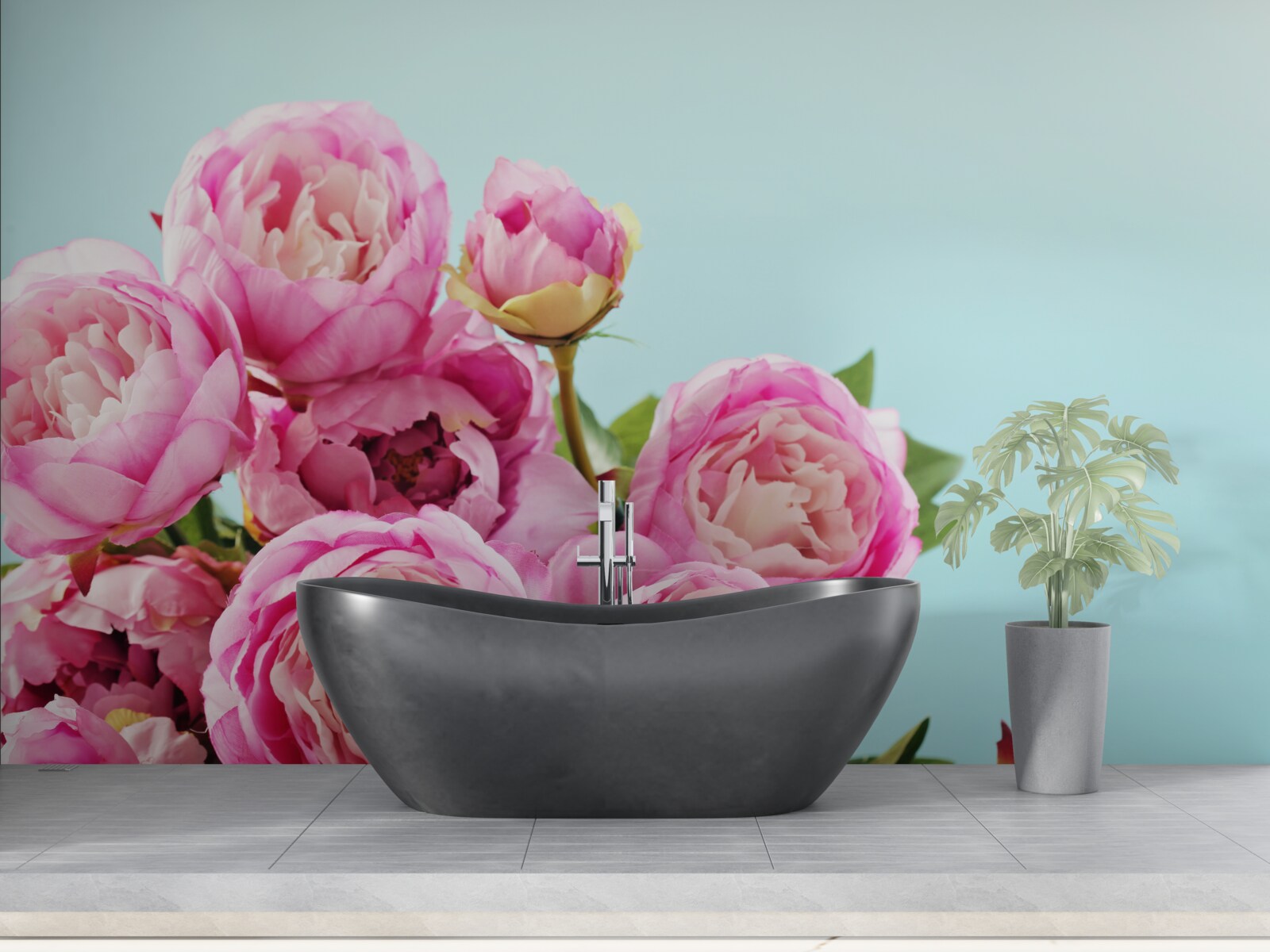 Papier peint fleur rose en forme de pivoine sur fond bleu