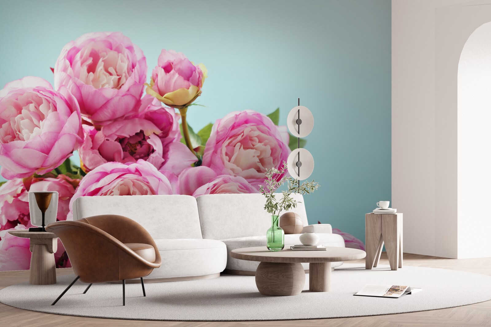 Papier peint fleur rose en forme de pivoine sur fond bleu