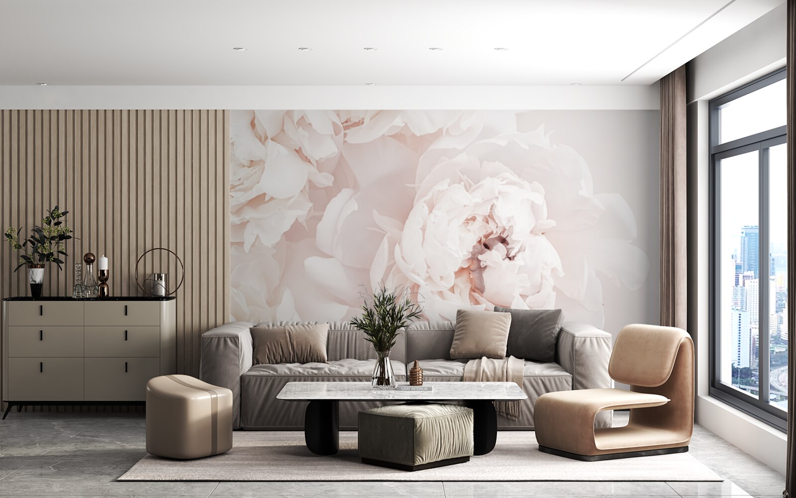 Papier peint pivoine d'une délicate beauté pastel