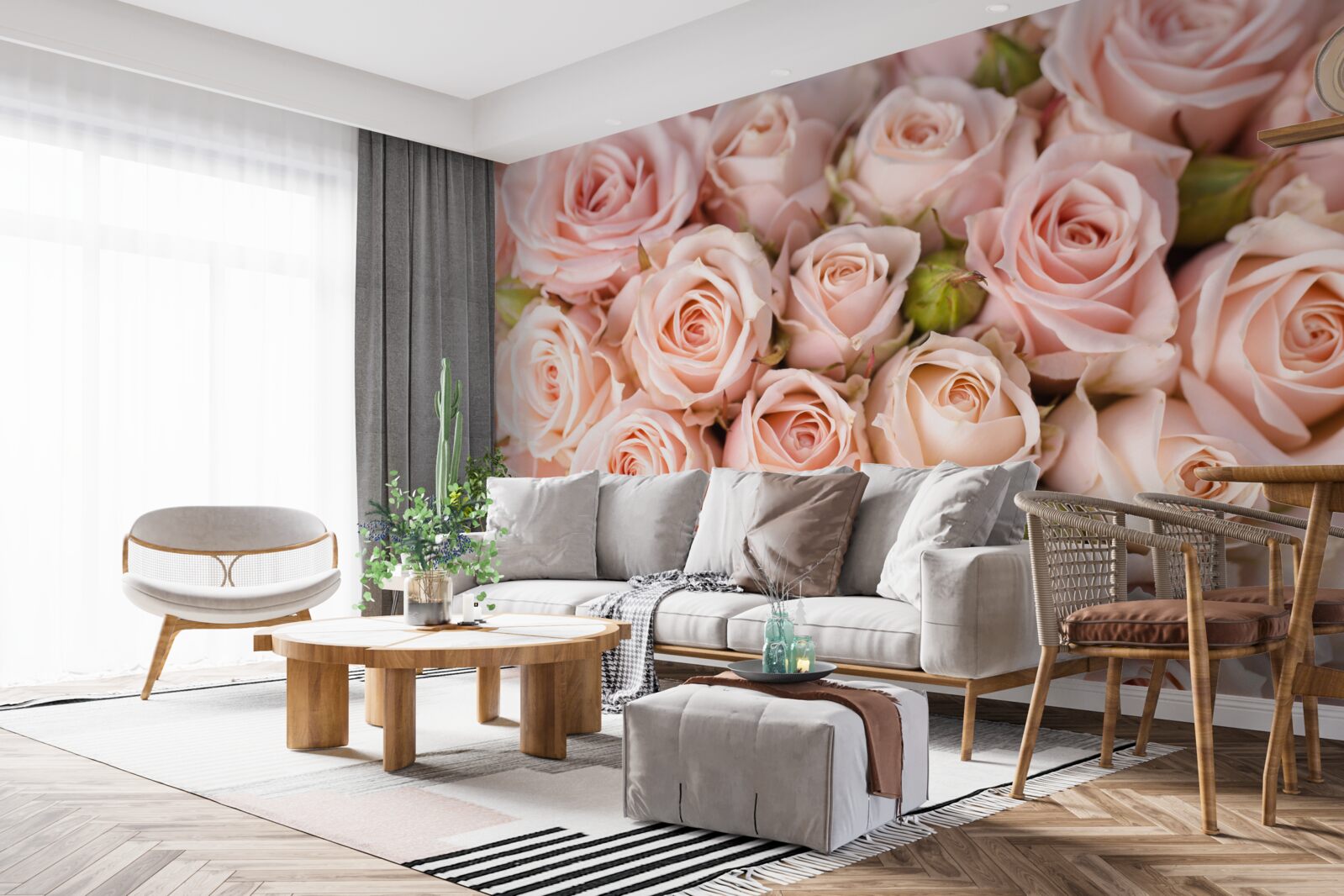 Papier peint boutons de rose rose tendre