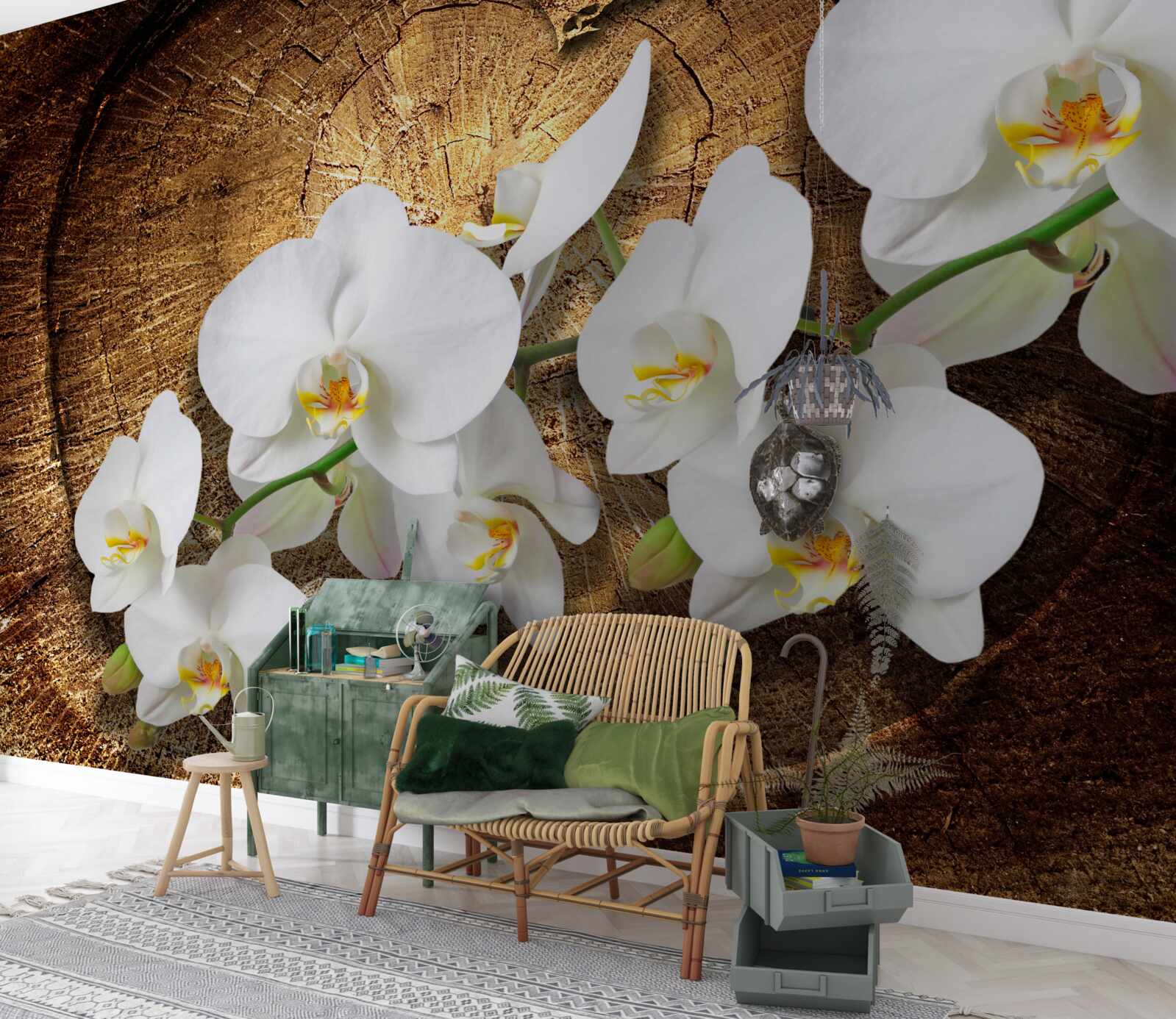 Papier peint Orchidée blanche sur un tronc d'arbre coupé