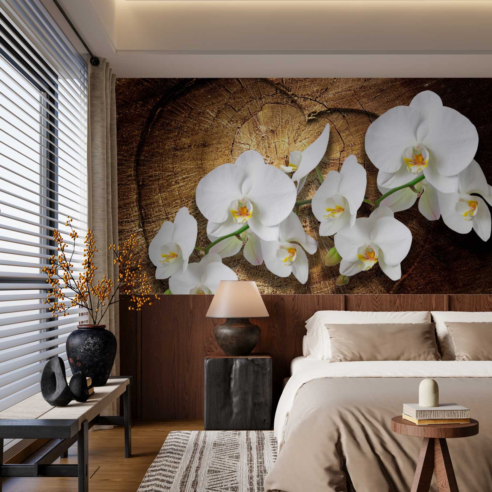 Papier peint Orchidée blanche sur un tronc d'arbre coupé