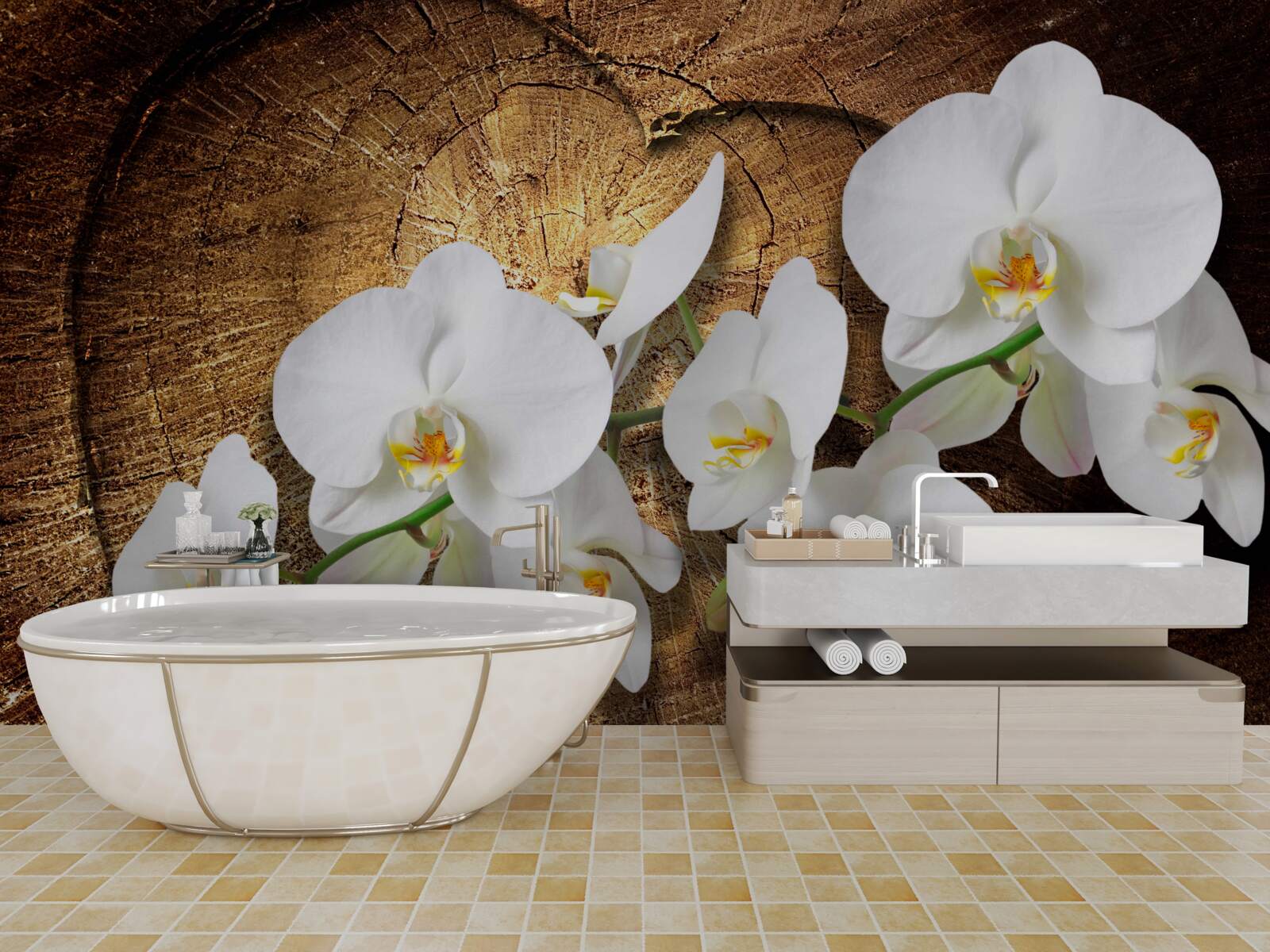 Papier peint Orchidée blanche sur un tronc d'arbre coupé