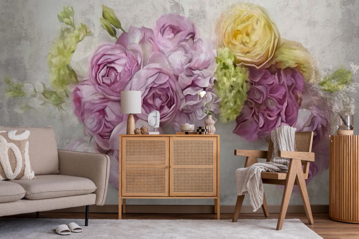 Papier peint composition avec des pivoines violettes