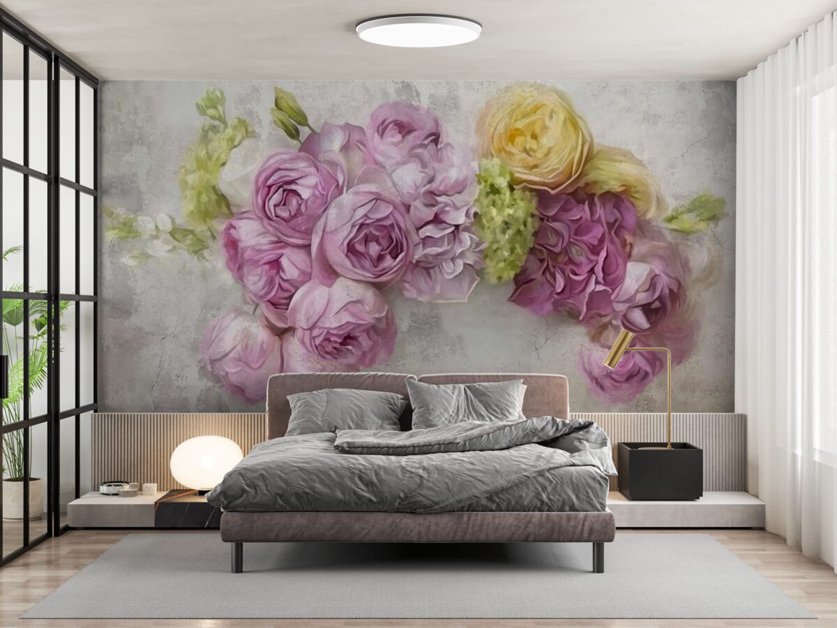 Papier peint composition avec des pivoines violettes