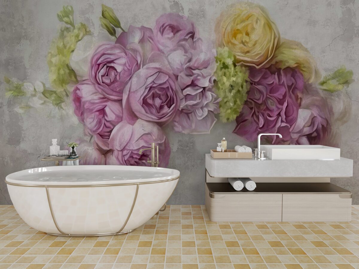 Papier peint composition avec des pivoines violettes