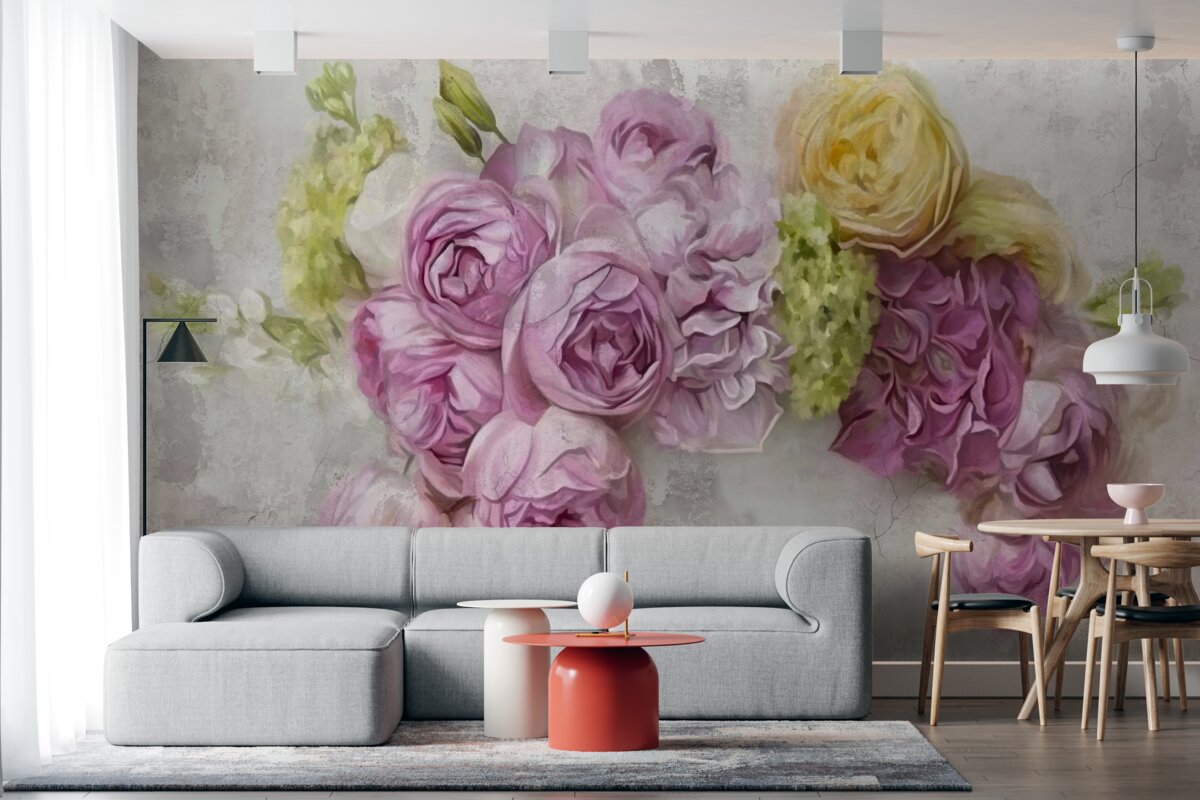 Papier peint composition avec des pivoines violettes