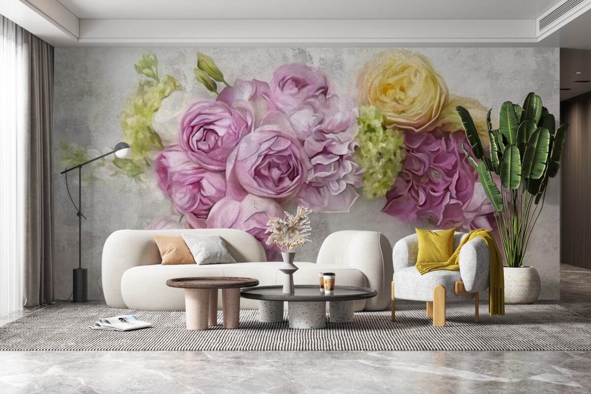 Papier peint composition avec des pivoines violettes