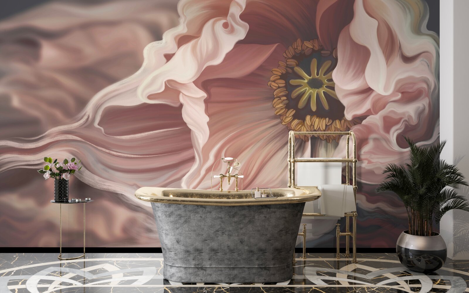 Papier peint grande pivoine de couleur poudrée