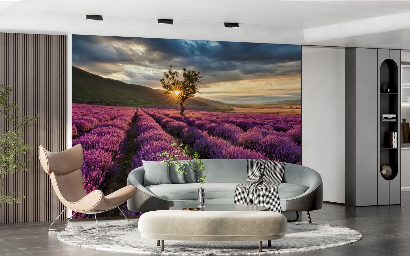 Papier peint coucher de soleil sur un champ de lavande entourant un arbre isolé