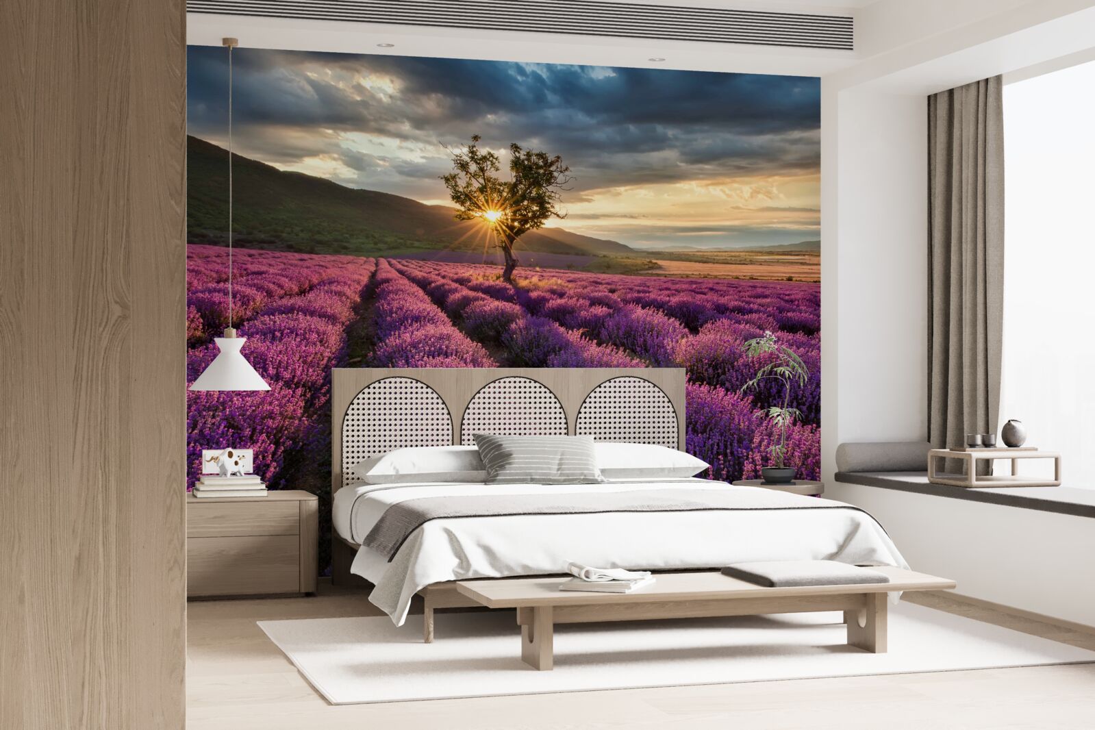 Papier peint coucher de soleil sur un champ de lavande entourant un arbre isolé