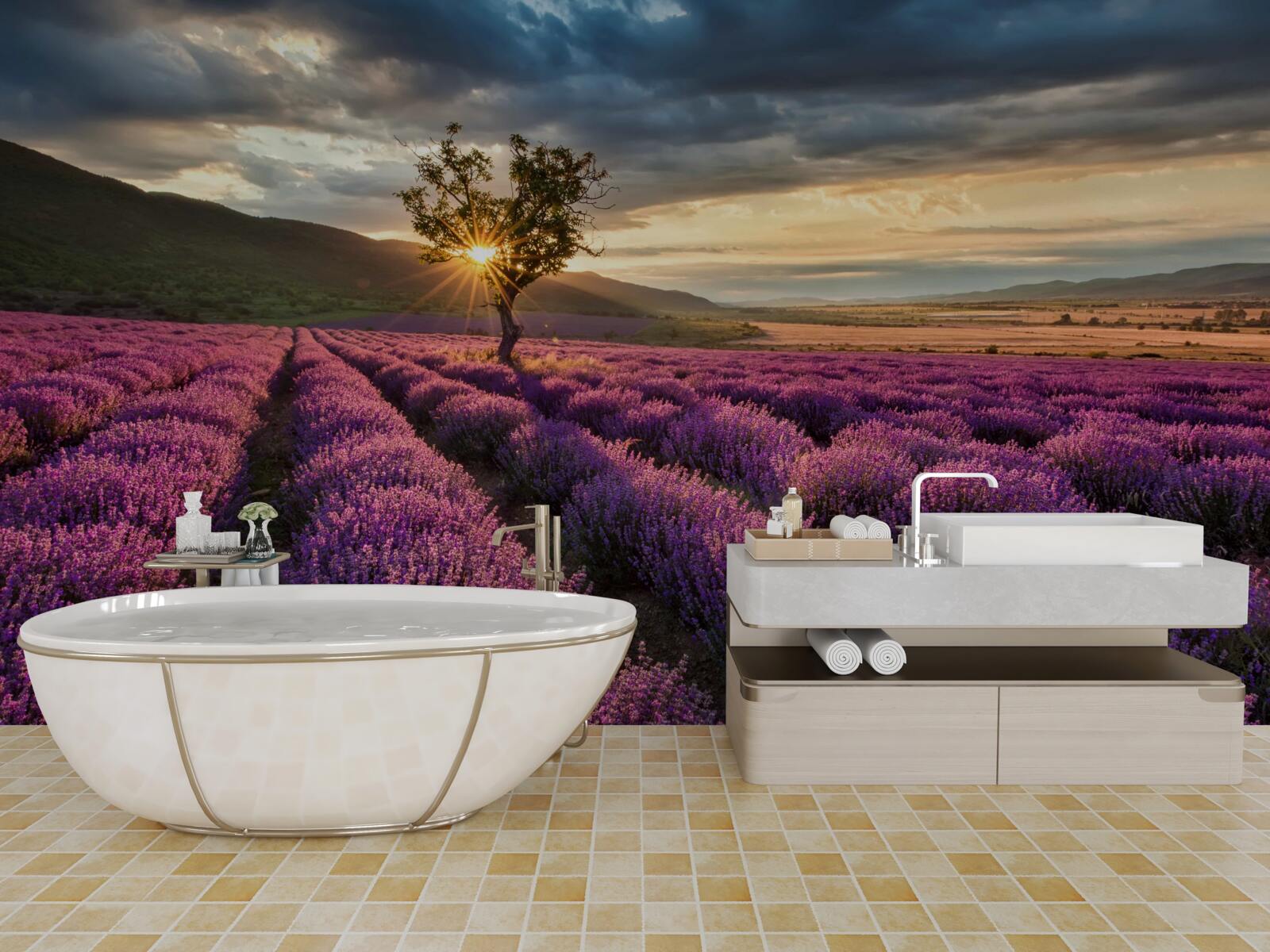 Papier peint coucher de soleil sur un champ de lavande entourant un arbre isolé