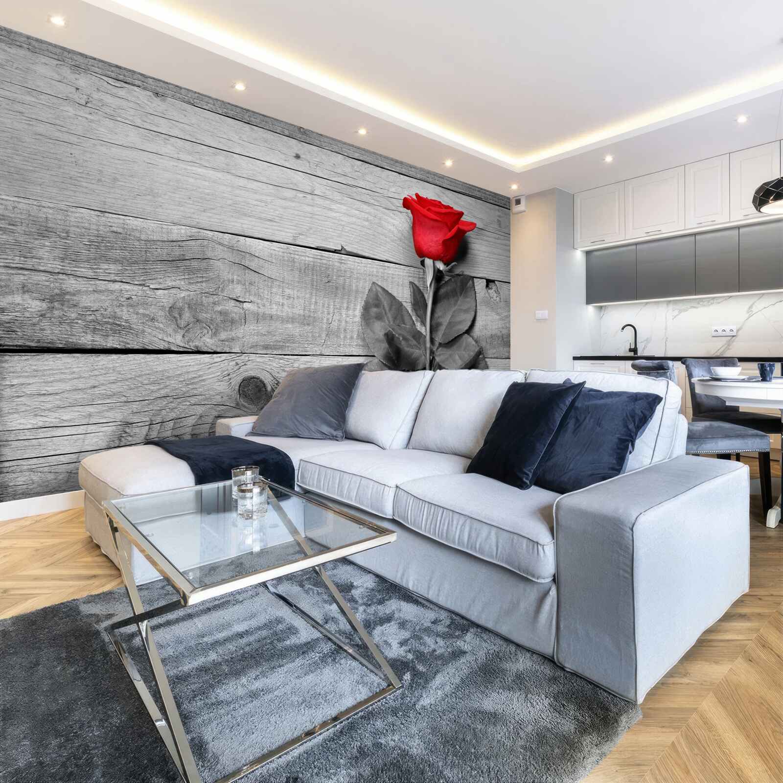 Papier peint bouquet en rouge sur fond de noir et blanc