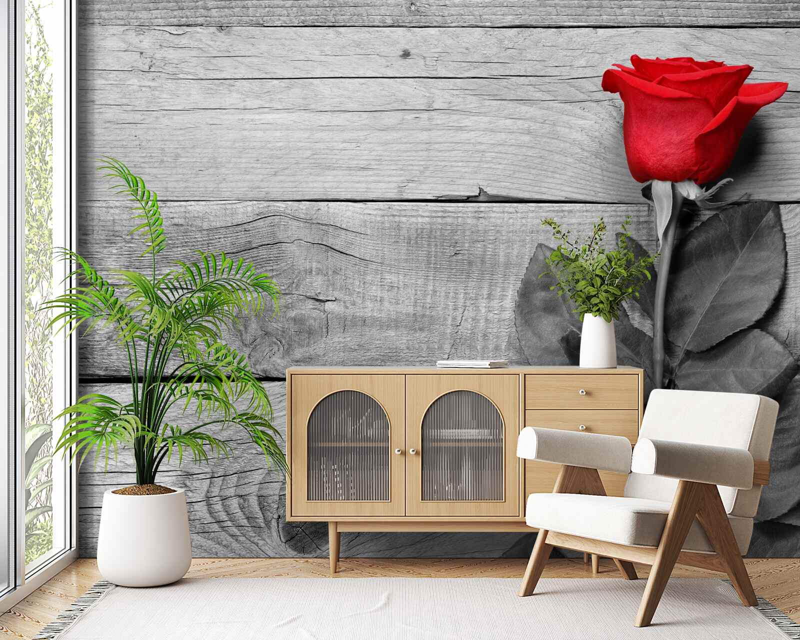 Papier peint bouquet en rouge sur fond de noir et blanc