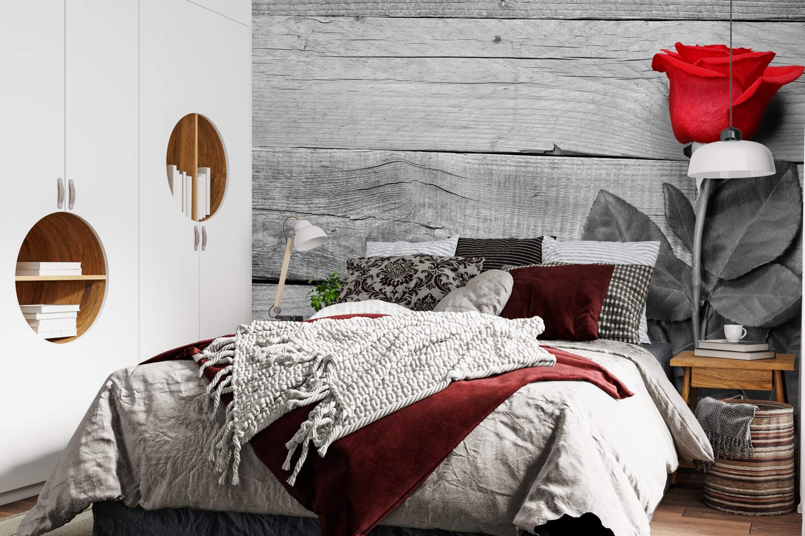 Papier peint bouquet en rouge sur fond de noir et blanc