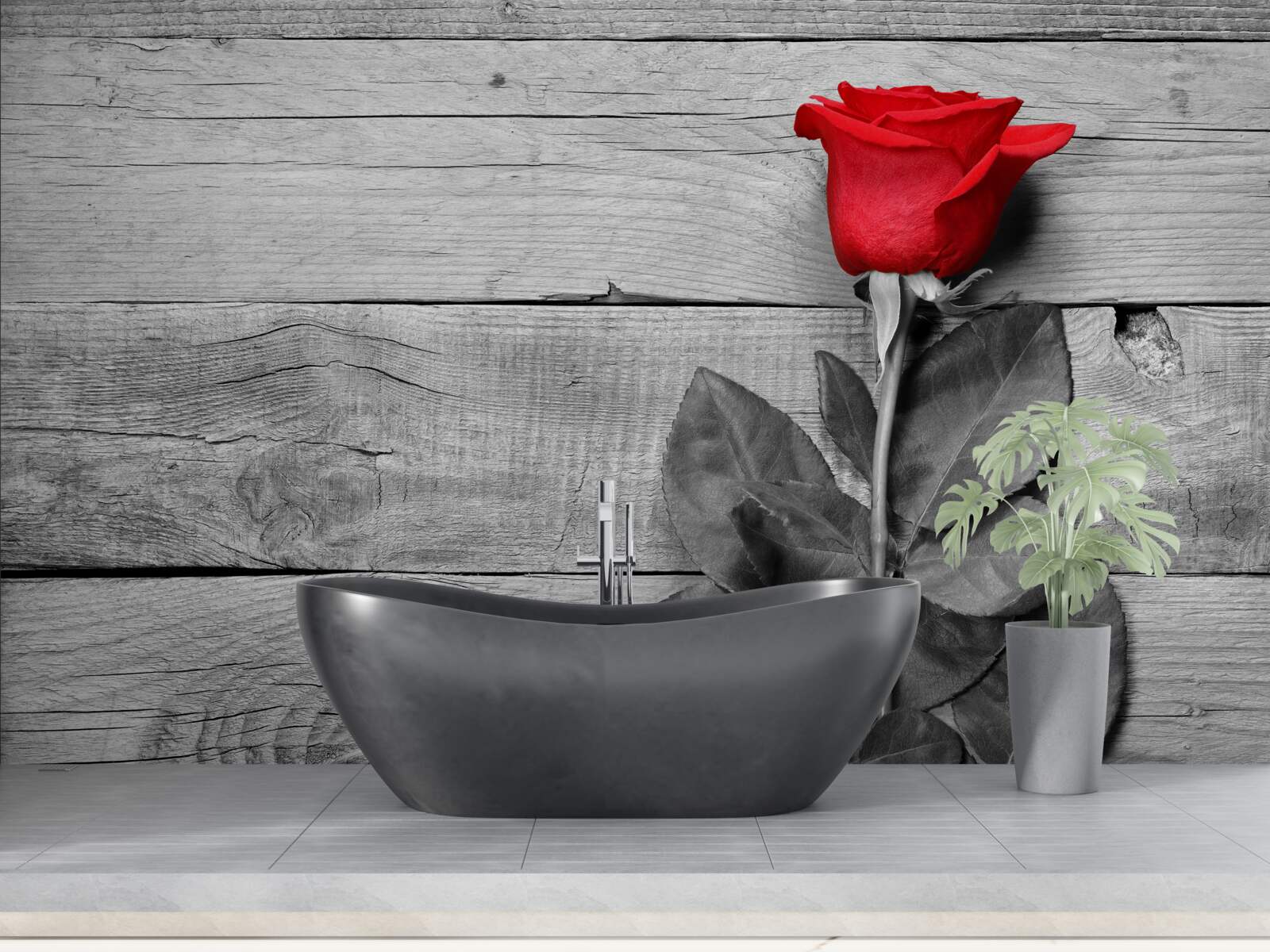 Papier peint bouquet en rouge sur fond de noir et blanc