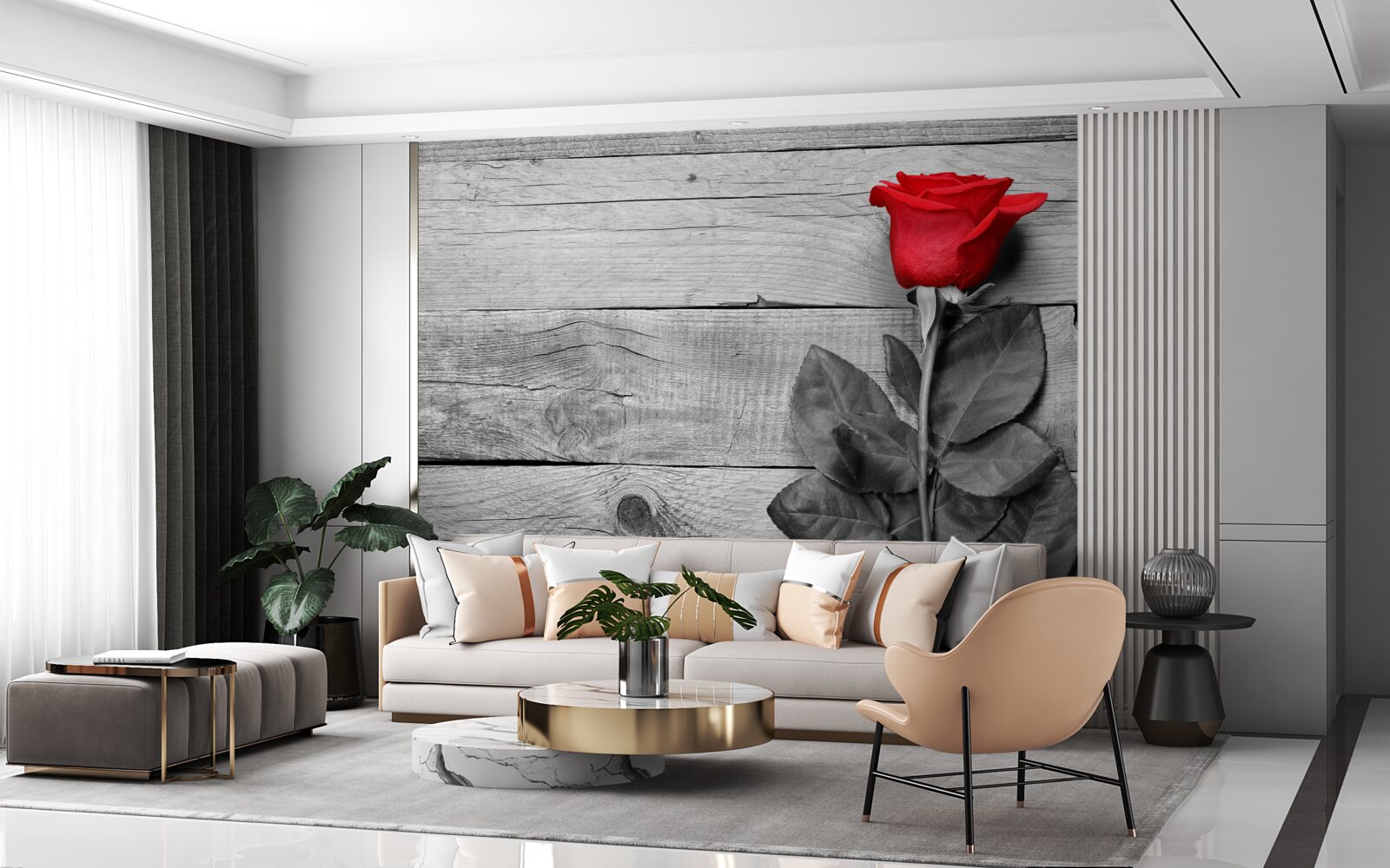 Papier peint bouquet en rouge sur fond de noir et blanc