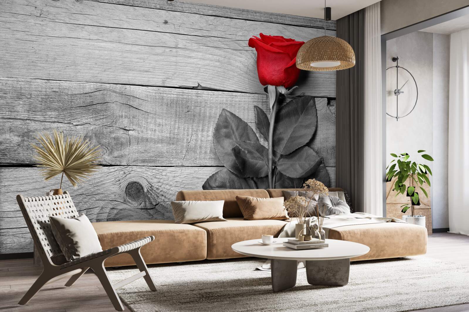 Papier peint bouquet en rouge sur fond de noir et blanc