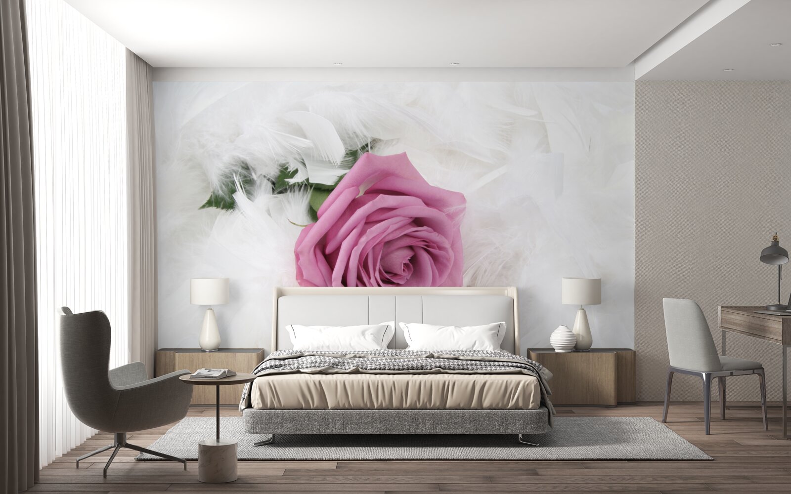 Papier peint rose violette entourée de plumes blanches