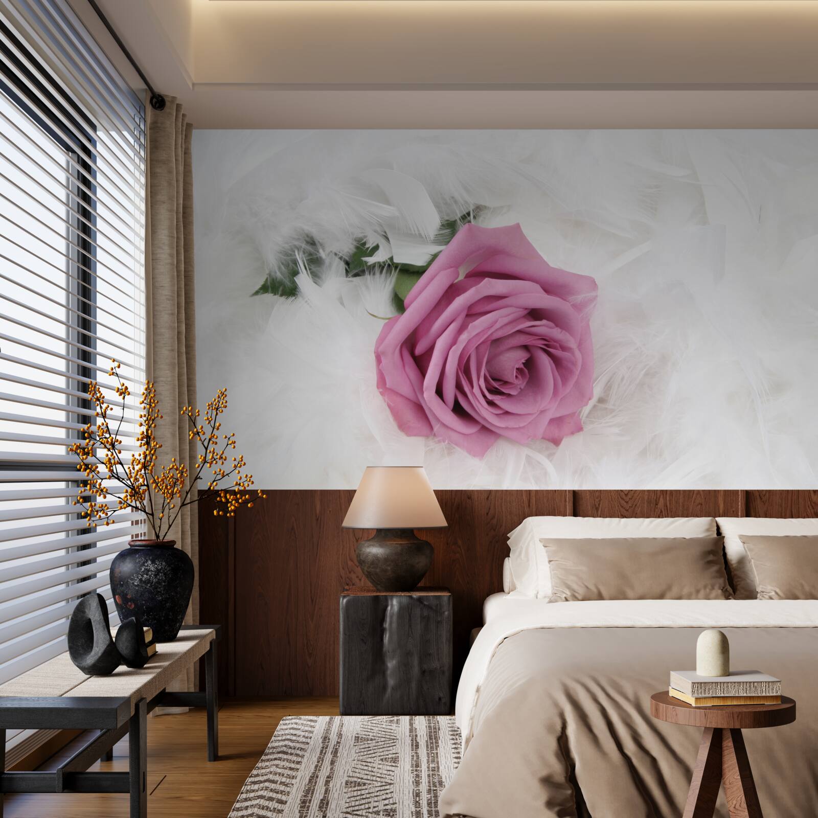 Papier peint rose violette entourée de plumes blanches