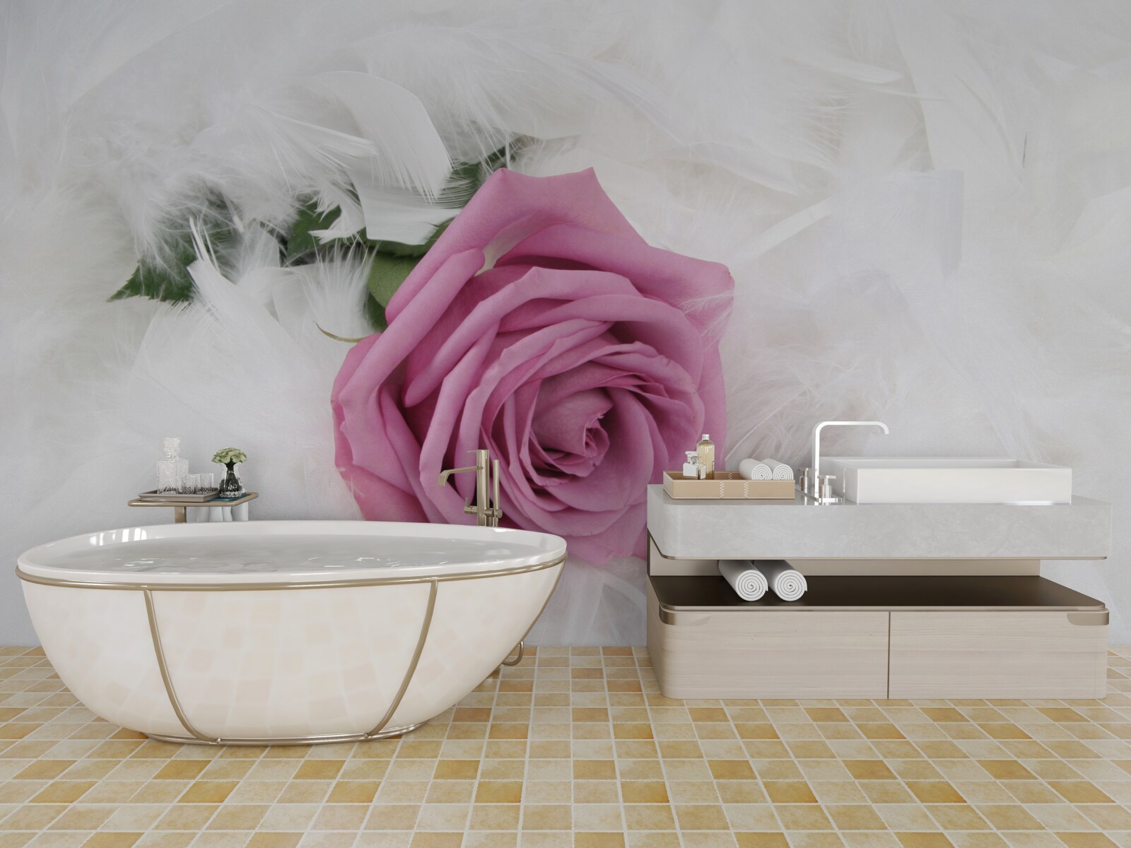 Papier peint rose violette entourée de plumes blanches