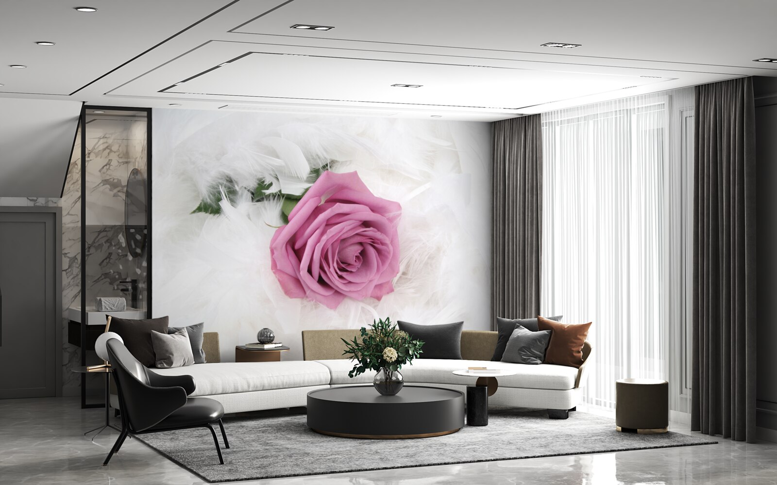 Papier peint rose violette entourée de plumes blanches