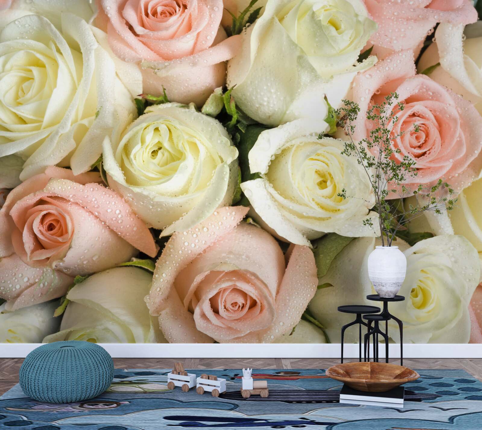 Papier peint taille des fleurs de roses blanches et roses