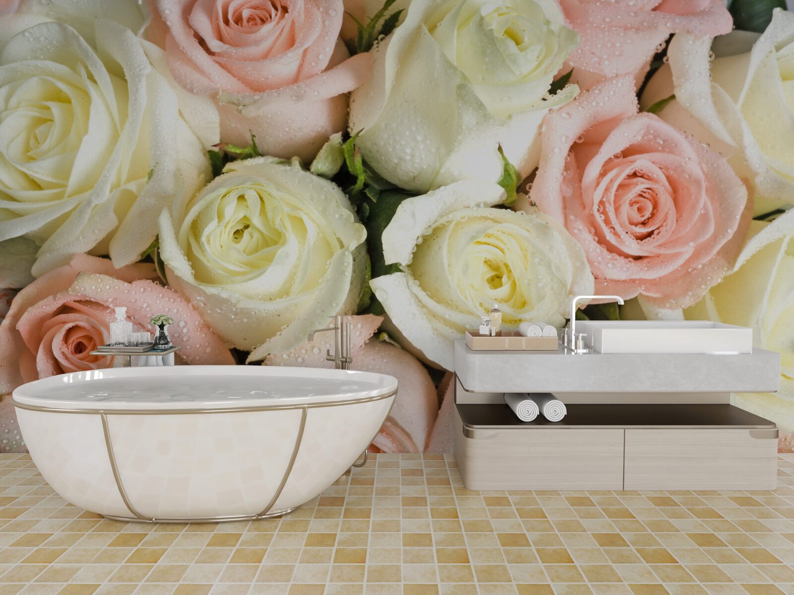 Papier peint taille des fleurs de roses blanches et roses