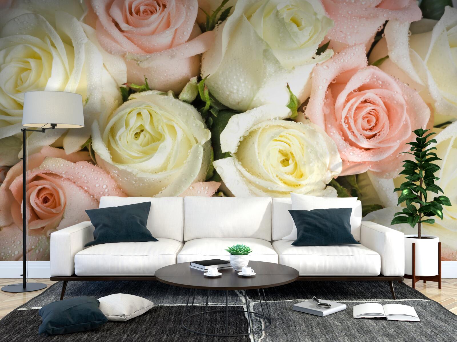 Papier peint taille des fleurs de roses blanches et roses