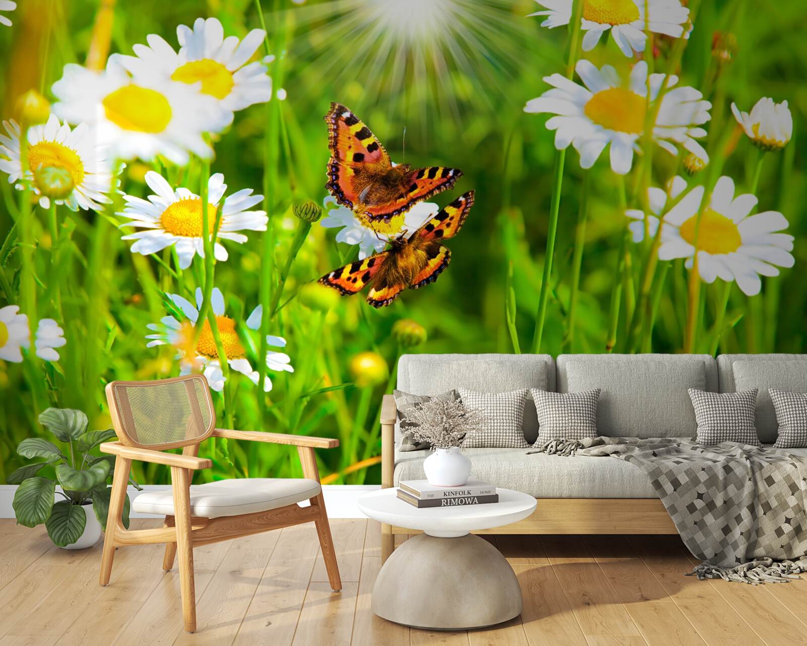 Papier peint camomille dans un champ parsemé de papillons