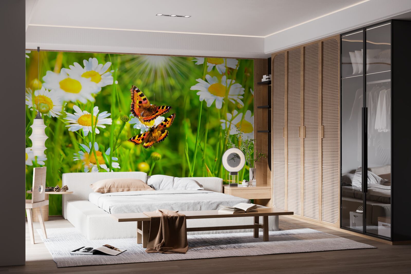 Papier peint camomille dans un champ parsemé de papillons