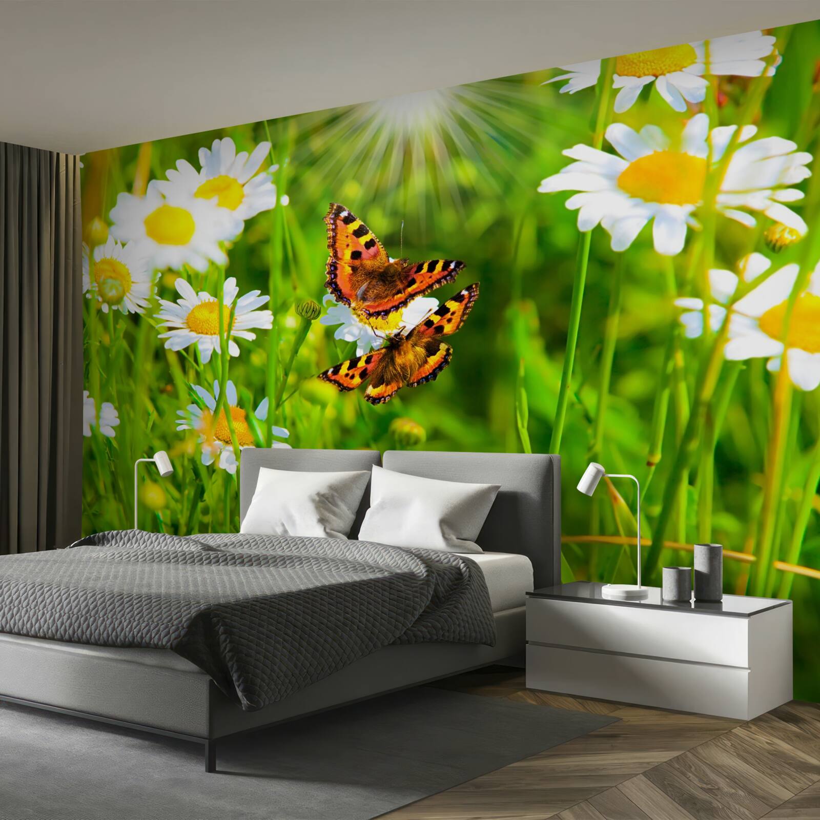 Papier peint camomille dans un champ parsemé de papillons
