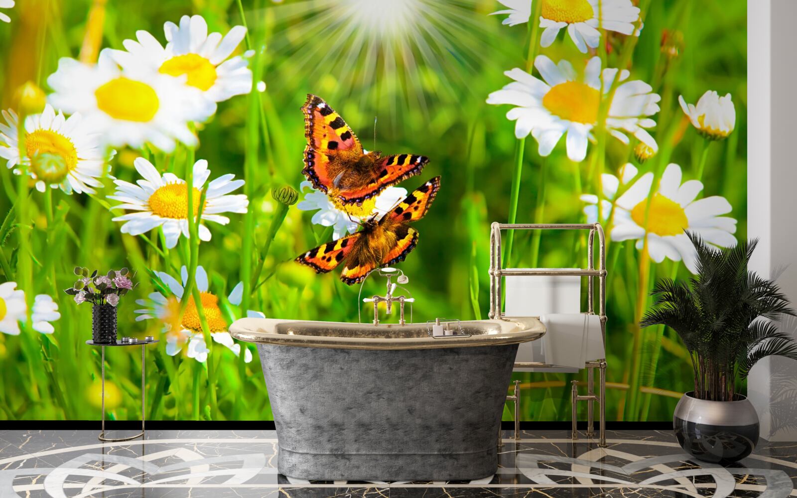 Papier peint camomille dans un champ parsemé de papillons