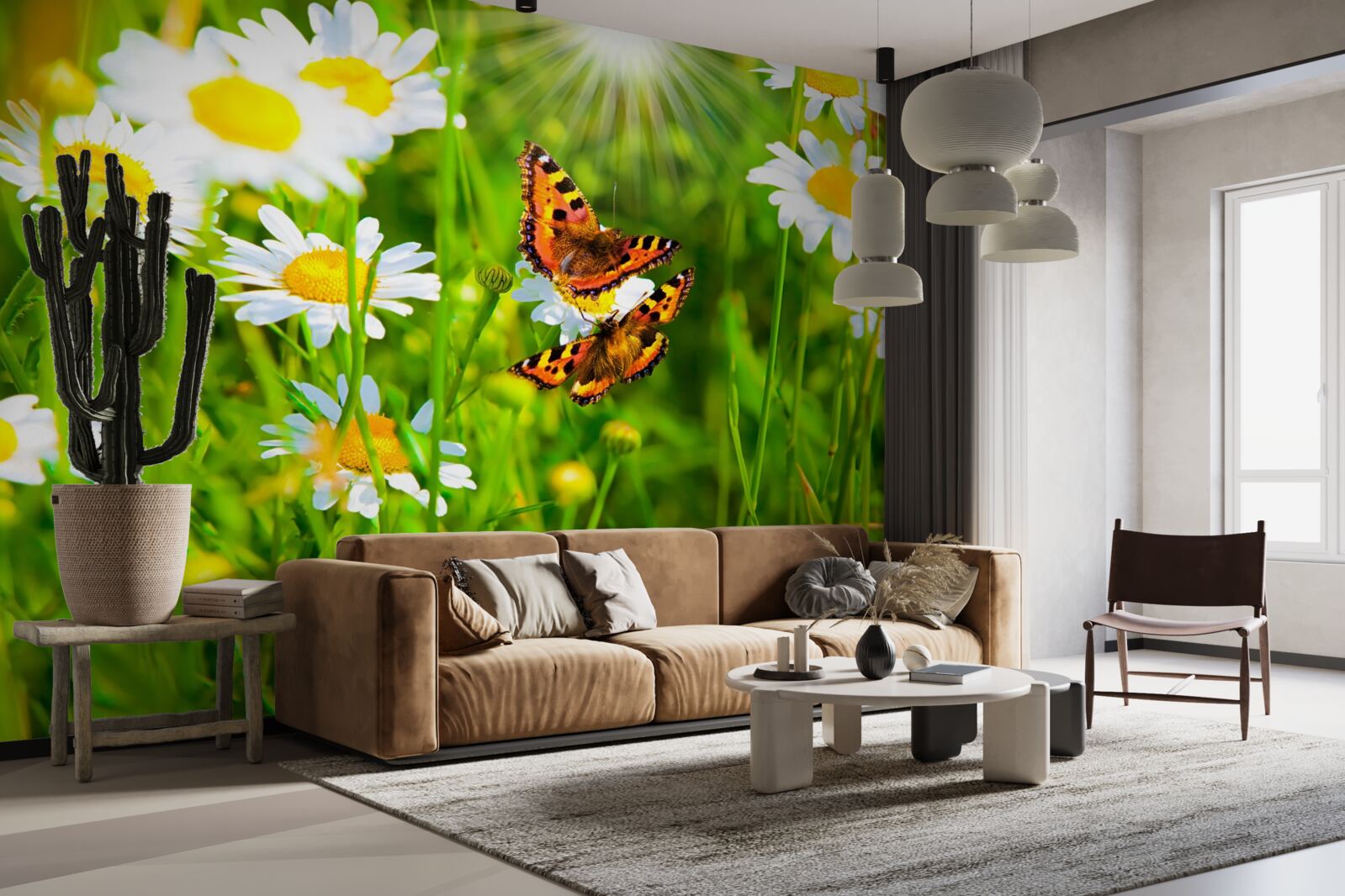 Papier peint camomille dans un champ parsemé de papillons