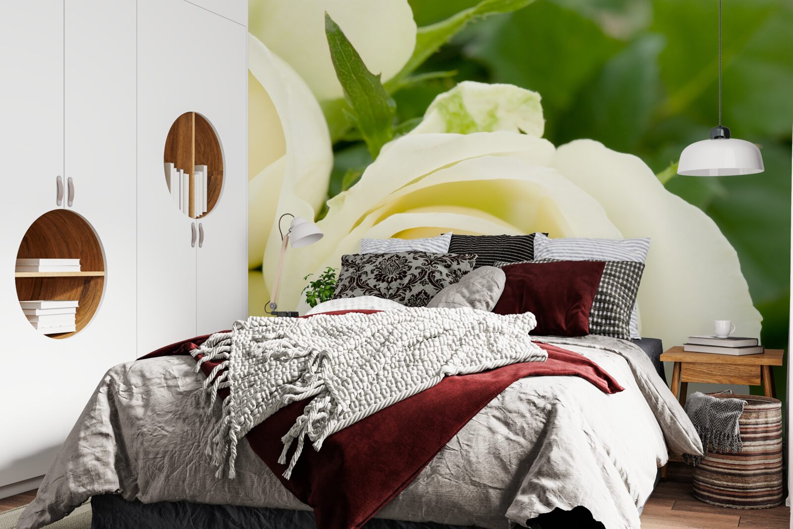 Papier peint rose de couleur beige avec des feuilles vertes