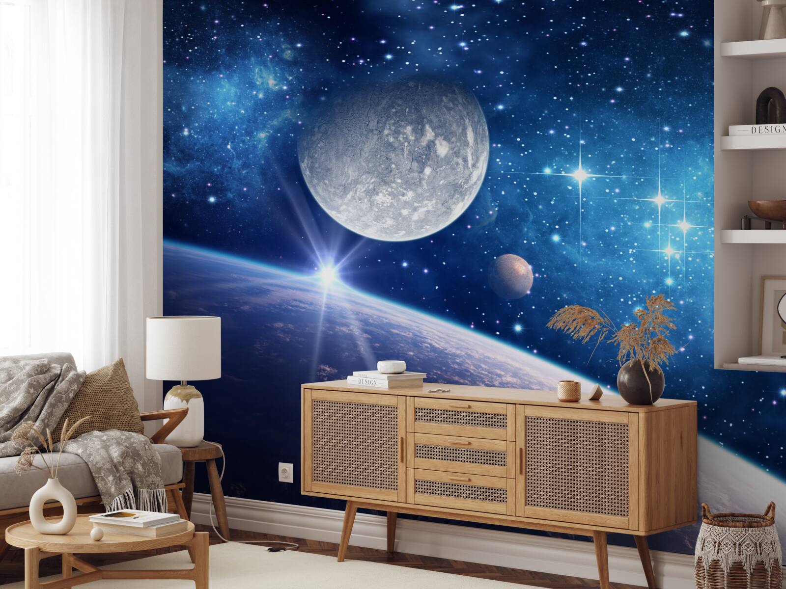 Papier peint la lune est à l'arrière-plan et la terre au premier plan