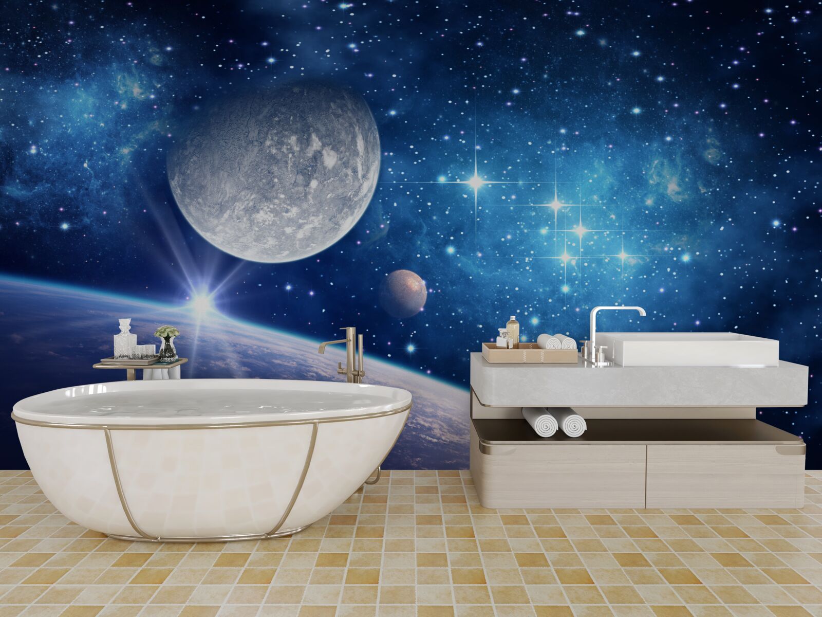 Papier peint la lune est à l'arrière-plan et la terre au premier plan